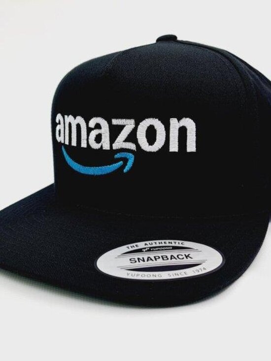 Amazon Logo Flat Bill Snapback Hat Black USA Direct Embroidered Cap New NWT - Picture 2 of 4
